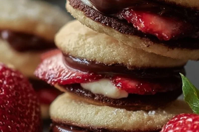 Strawberry ganache sandwich cookies with creamy filling