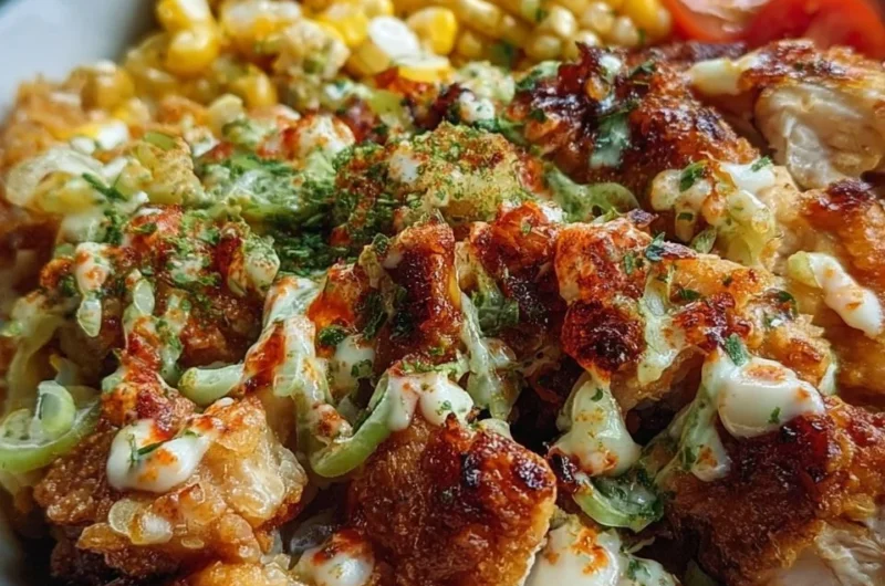 Delicious Street Corn Chicken Rice Bowl topped with fresh ingredients and spices.