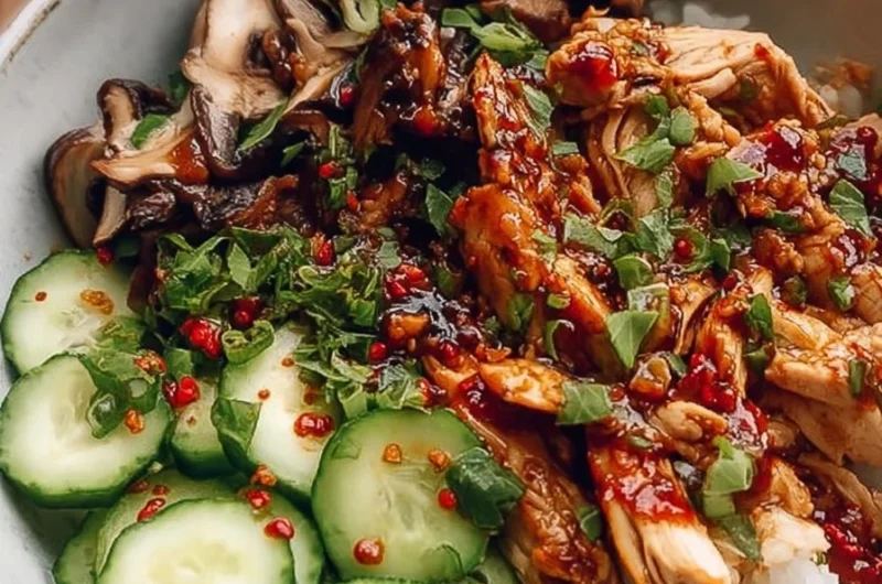 Sweet chili chicken and mushroom bowls served with fresh cucumber slices