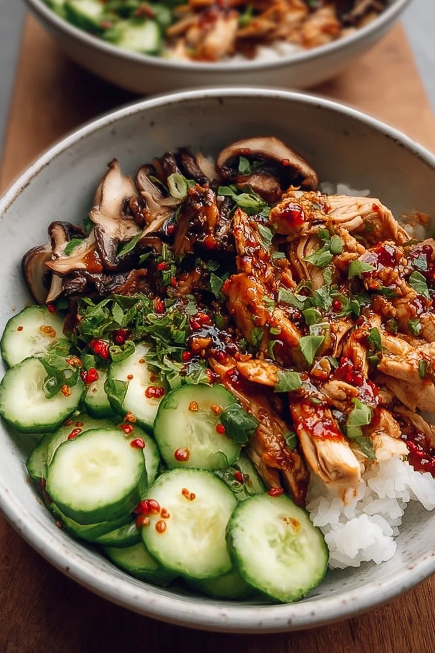 Sweet chili chicken and mushroom bowls served with fresh cucumber slices