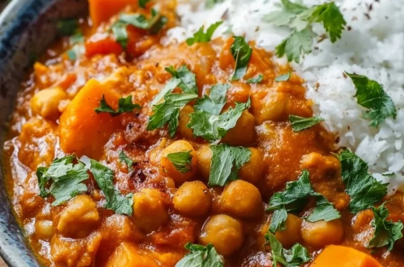 Bowl of Sweet Potato and Chickpea Curry topped with fresh herbs.