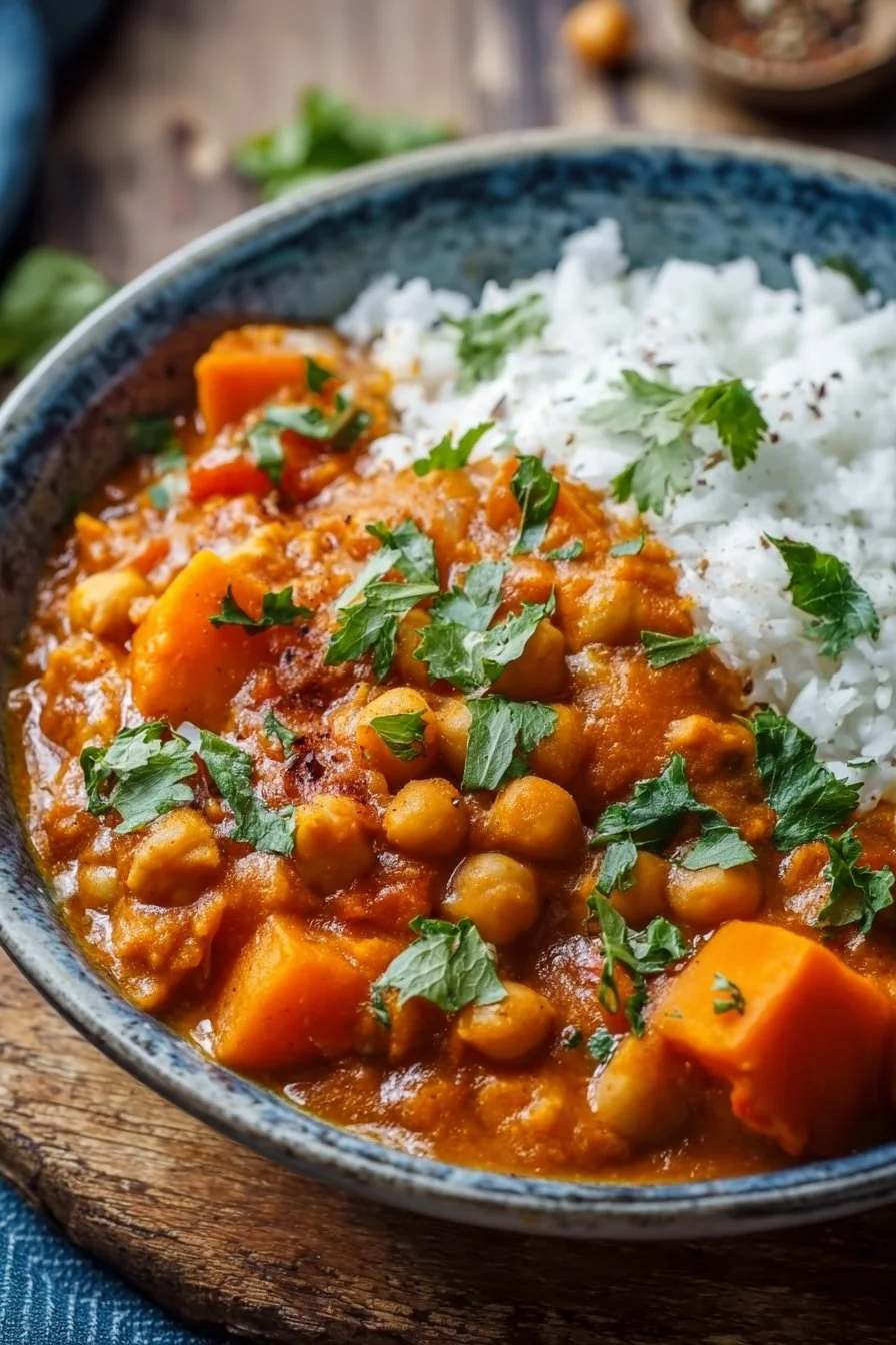 Bowl of Sweet Potato and Chickpea Curry topped with fresh herbs.