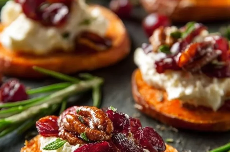 Sweet potato rounds topped with whipped brie and cranberries on a serving platter