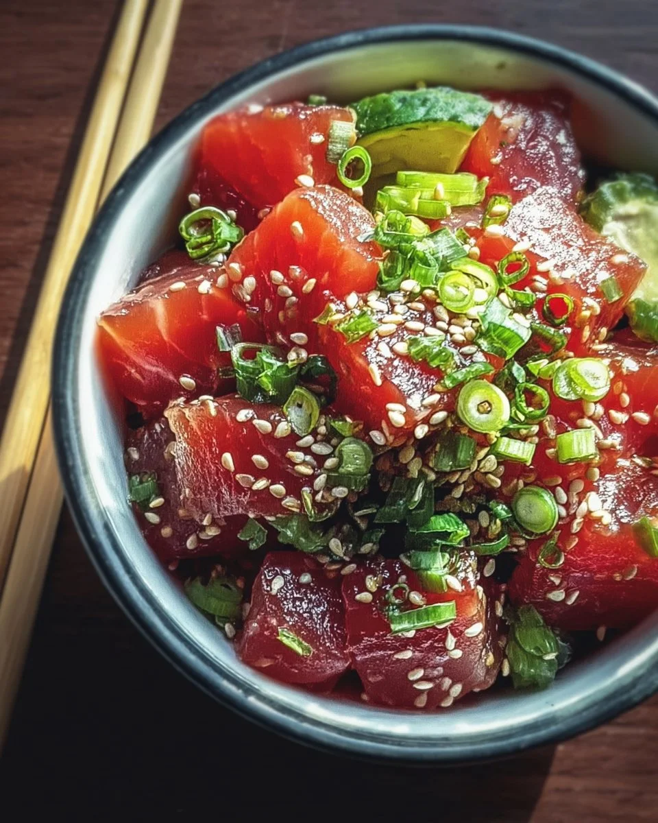 Delicious Ahi Tuna Poke Bowl with fresh ingredients and vibrant toppings.