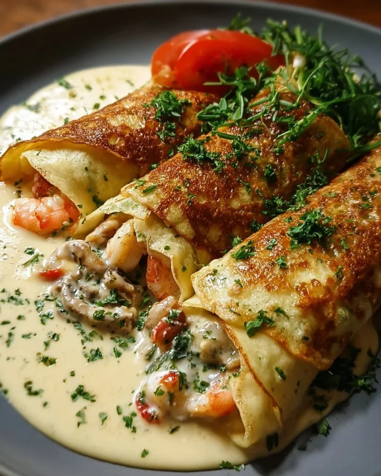 Tasty seafood crepes with béchamel sauce on a plate