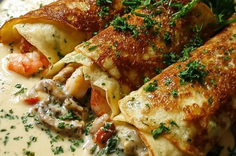 Tasty seafood crepes with béchamel sauce on a plate