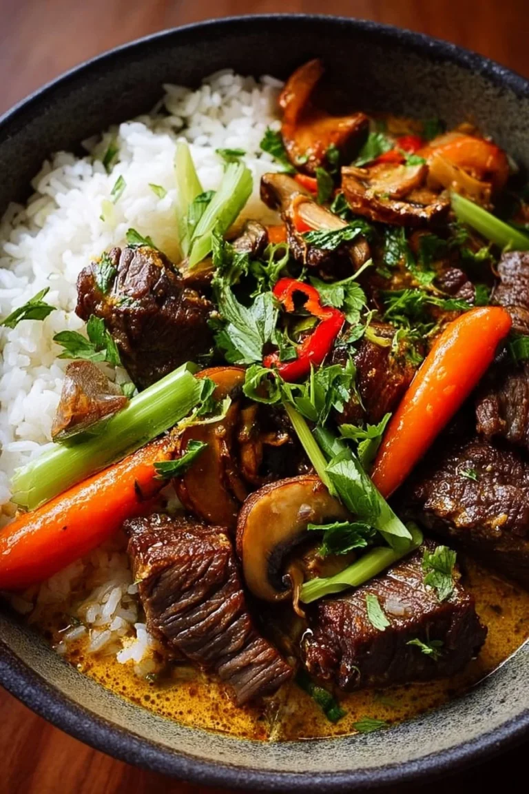 Tender Coconut Lemongrass Beef with mushrooms and carrots dish