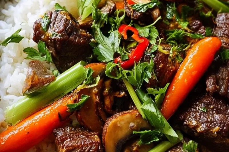 Tender Coconut Lemongrass Beef with mushrooms and carrots dish
