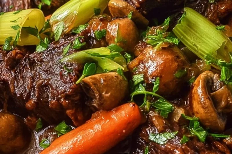 Plate of tender oven-braised beef with mushrooms, leeks, and carrots