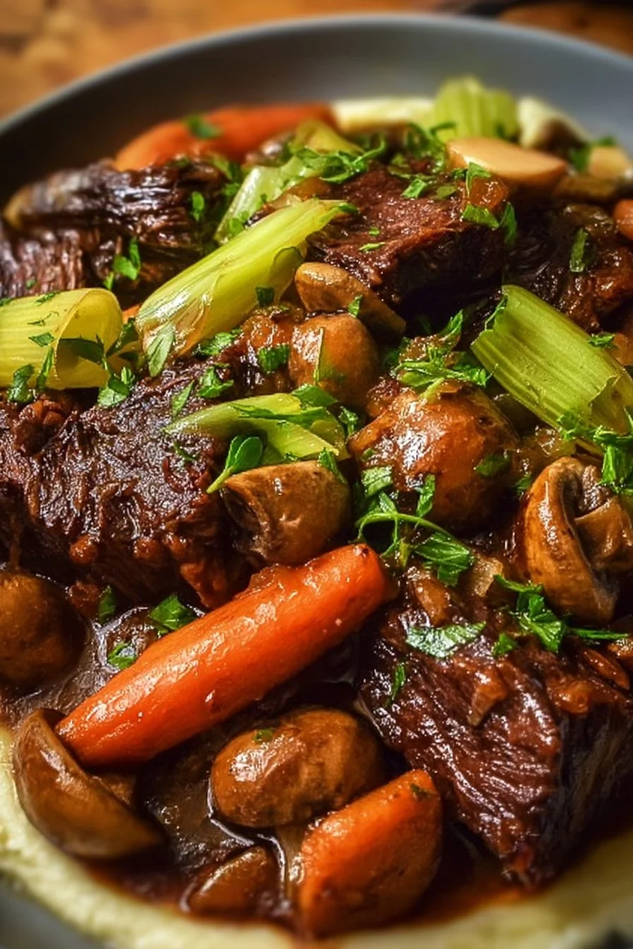 Tender Oven-Braised Beef with Mushrooms, Leeks, and Carrots