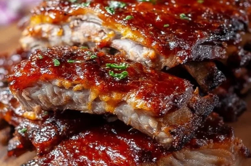 Tender slow cooker baby back ribs served with bourbon BBQ sauce