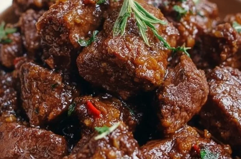 Slow cooker balsamic beef tips served with vegetables on a plate.