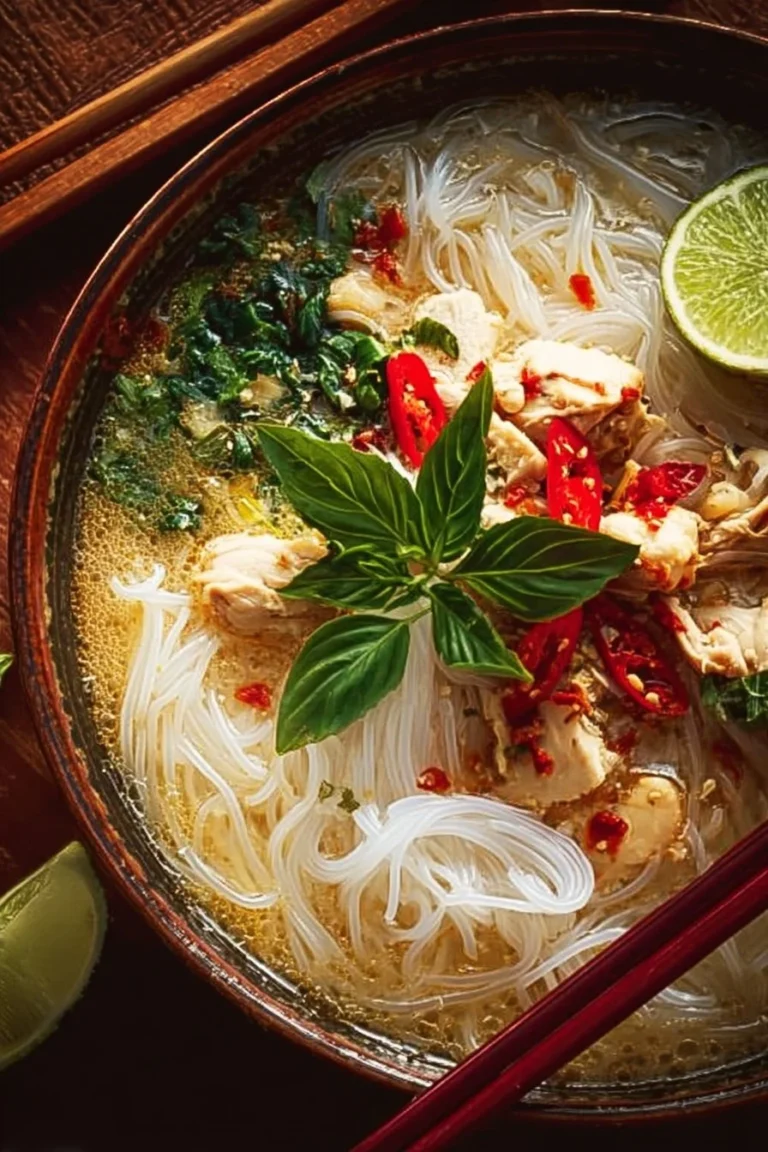 Bowl of Thai Chicken Soup with Noodles garnished with fresh herbs and lime.