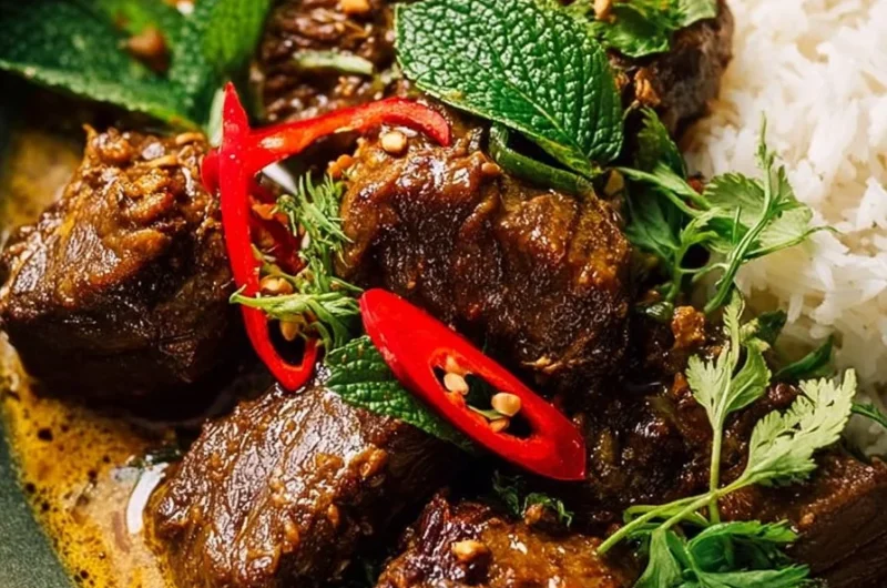 Bowl of Thai-inspired braised beef with lemongrass and coconut cream garnished with herbs.