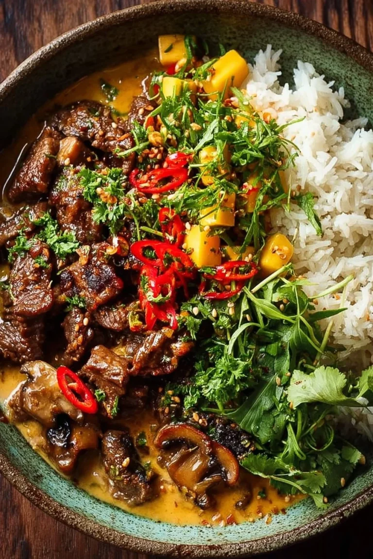 Thai-inspired curried beef with mushrooms, peanut sauce, and mango salsa on a plate