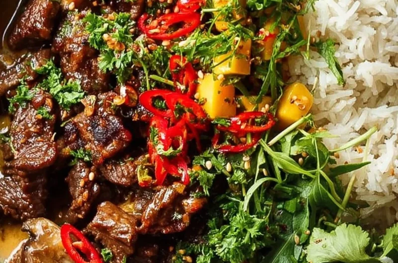 Thai-inspired curried beef with mushrooms, peanut sauce, and mango salsa on a plate