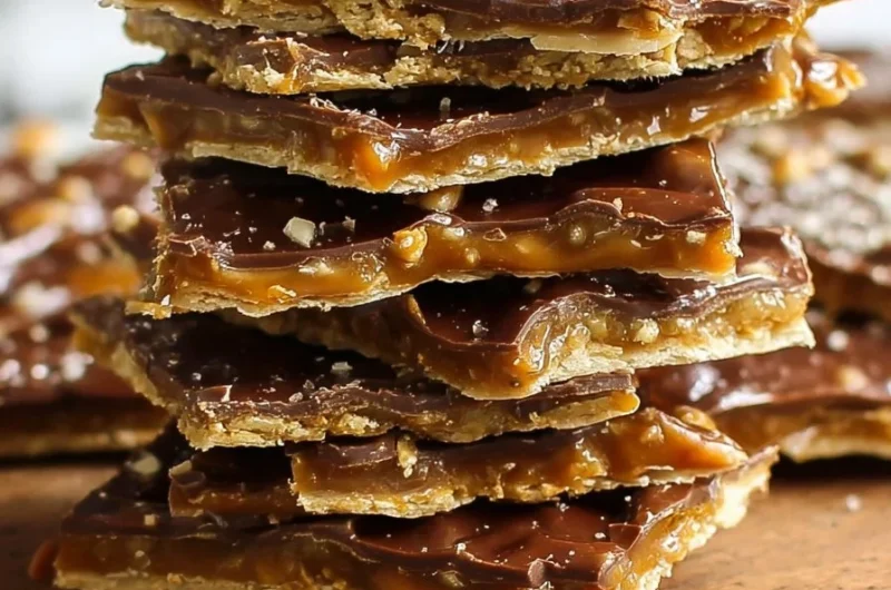 Delicious homemade cracker candy displayed on a festive plate.