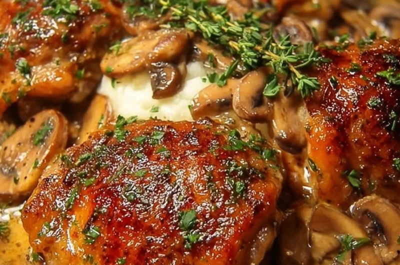 Creamy garlic mushroom chicken thighs served on a plate
