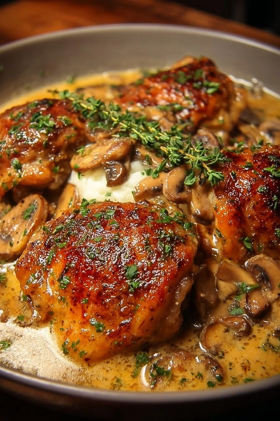 Creamy garlic mushroom chicken thighs served on a plate