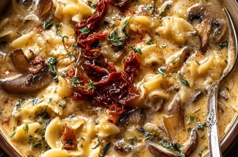 Creamy mushroom and sun-dried tomato pasta soup served in a bowl