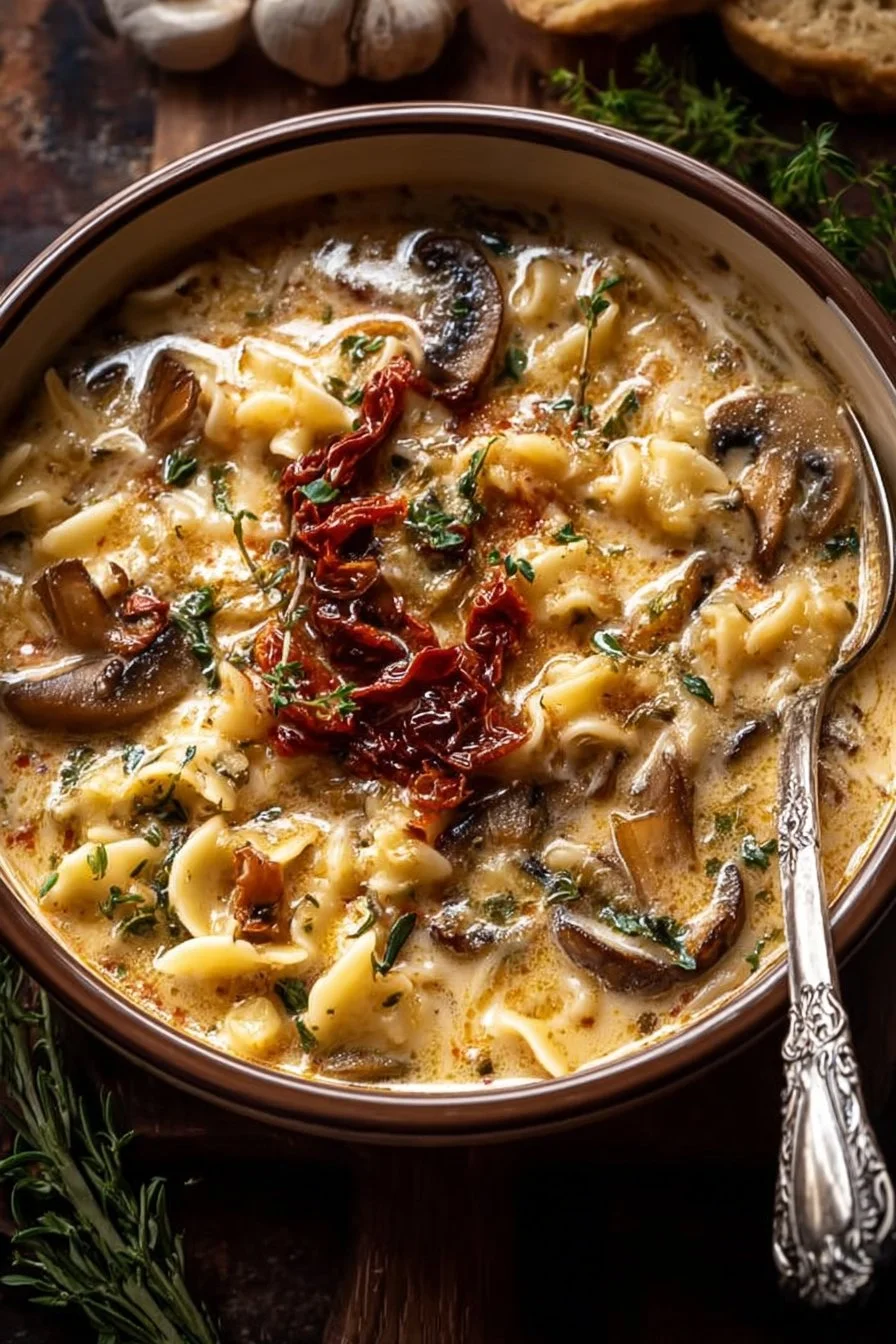 The Best Creamy Mushroom and Sun-Dried Tomato Pasta Soup
