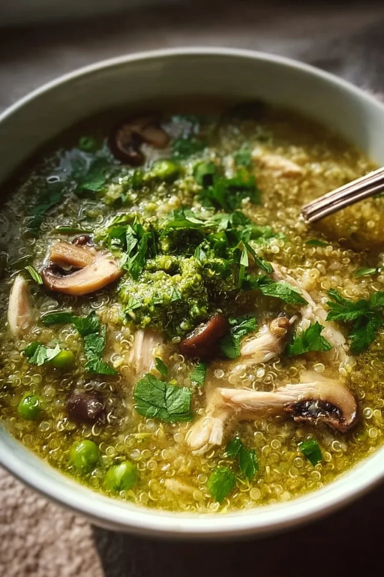Bowl of green chicken quinoa soup with mushrooms and fresh herbs