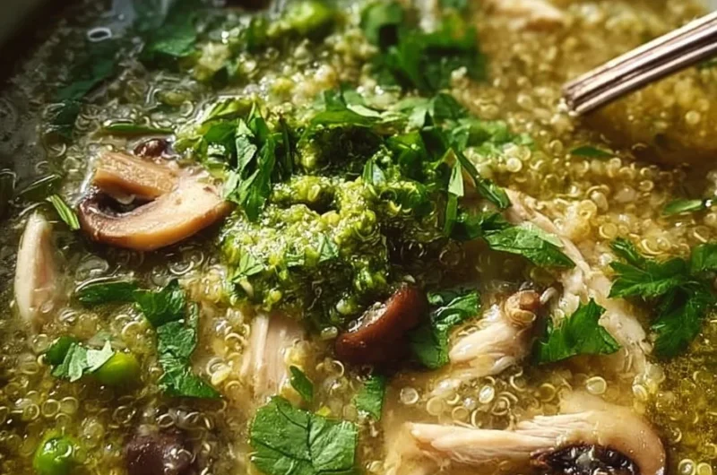 Bowl of green chicken quinoa soup with mushrooms and fresh herbs
