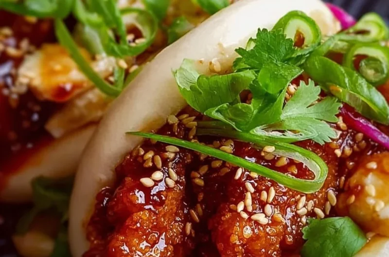 Korean fried chicken bao buns garnished with fresh herbs and spicy sauce.