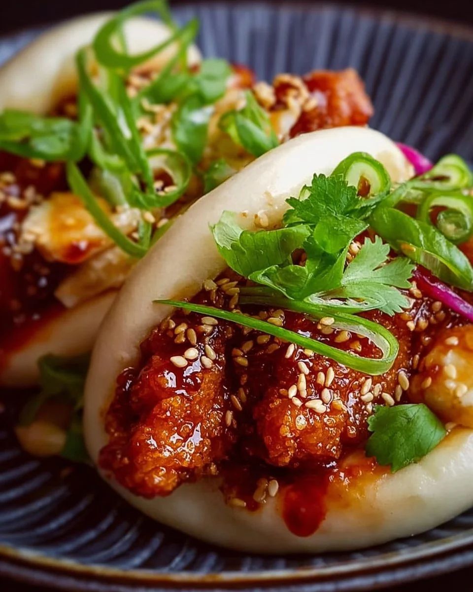 Korean fried chicken bao buns garnished with fresh herbs and spicy sauce.