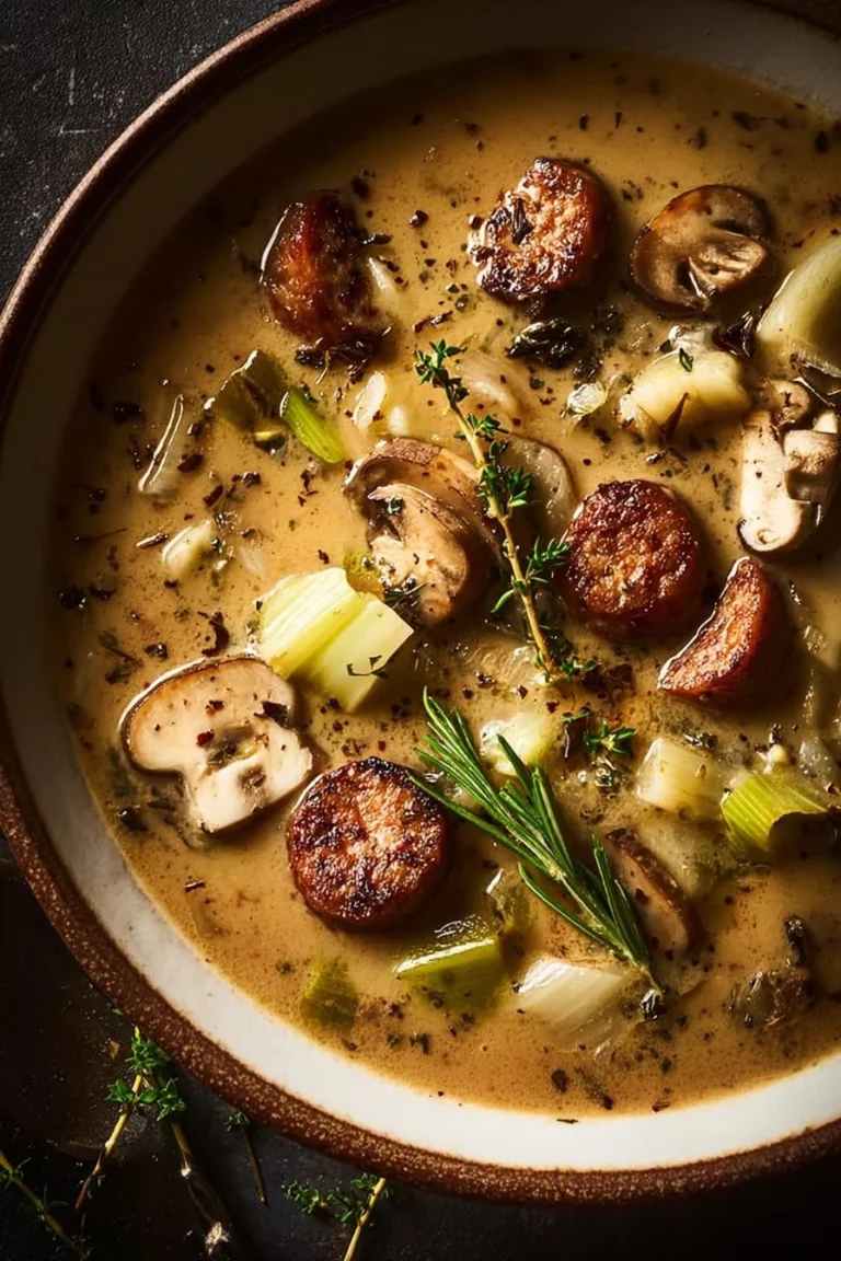 Delicious bowl of Turkey Sausage Mushroom Soup garnished with herbs.