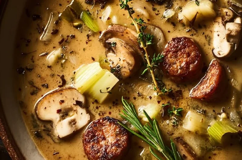 Delicious bowl of Turkey Sausage Mushroom Soup garnished with herbs.