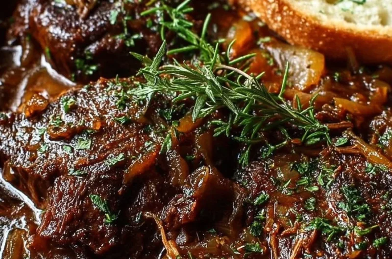 Delicious plate of ultimate French onion braised beef with caramelized onions.