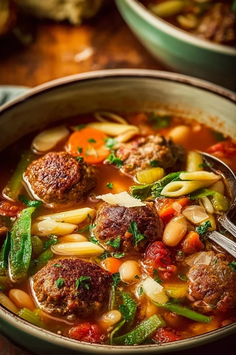 Bowl of hearty meatball soup with beans, vegetables, and pasta