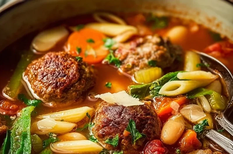 Bowl of hearty meatball soup with beans, vegetables, and pasta