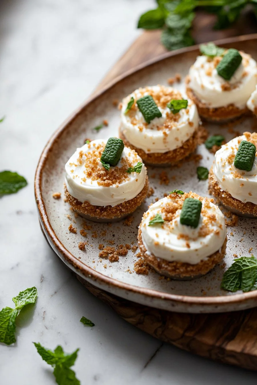 Rich Andes Mint Mini Cheesecakes topped with chocolate and mint flavor.