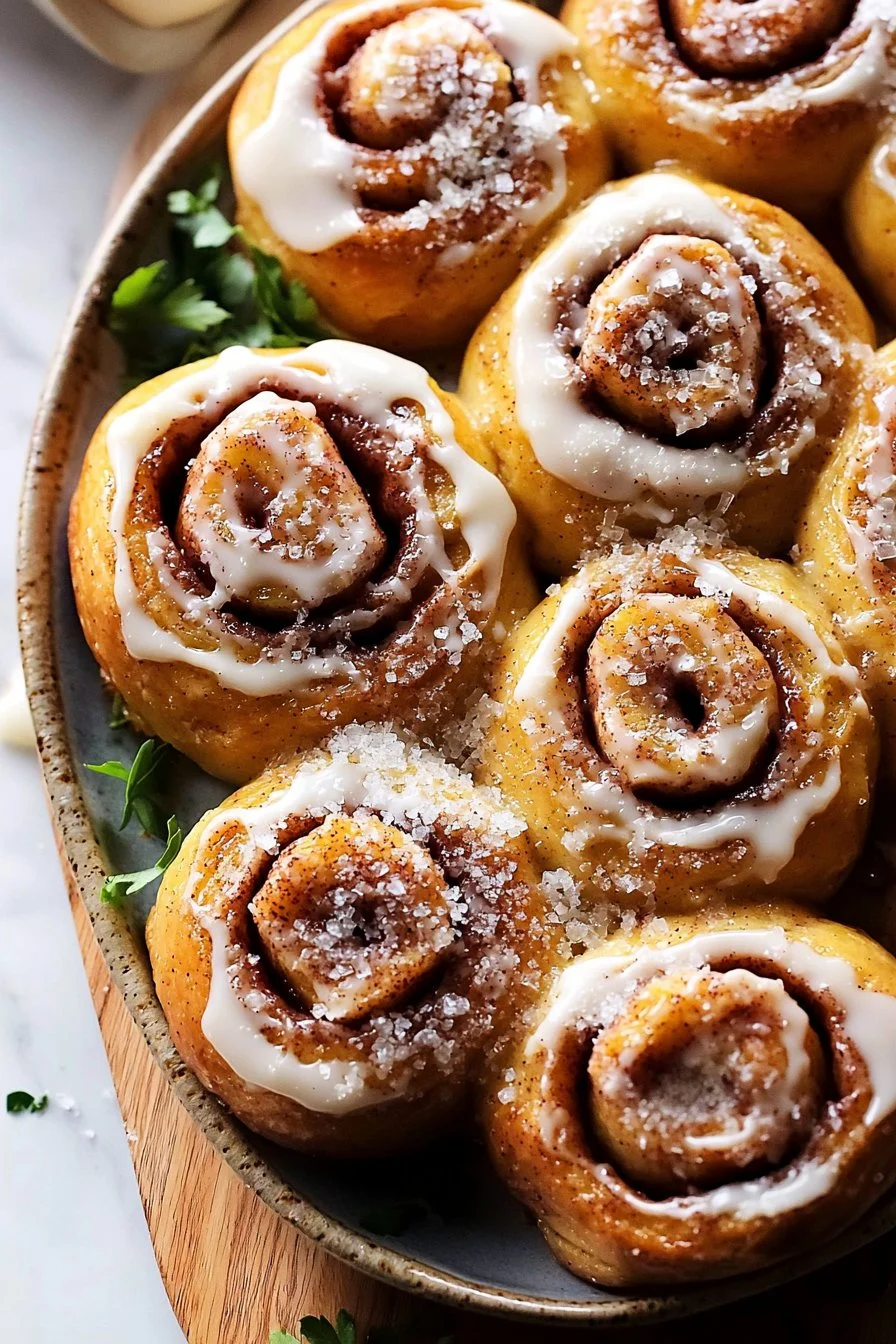 Freshly baked apple cider cinnamon rolls topped with icing