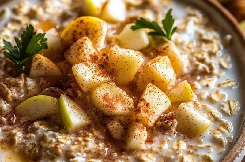 Bowl of Apple Cinnamon Overnight Oats topped with fresh apple slices and cinnamon.