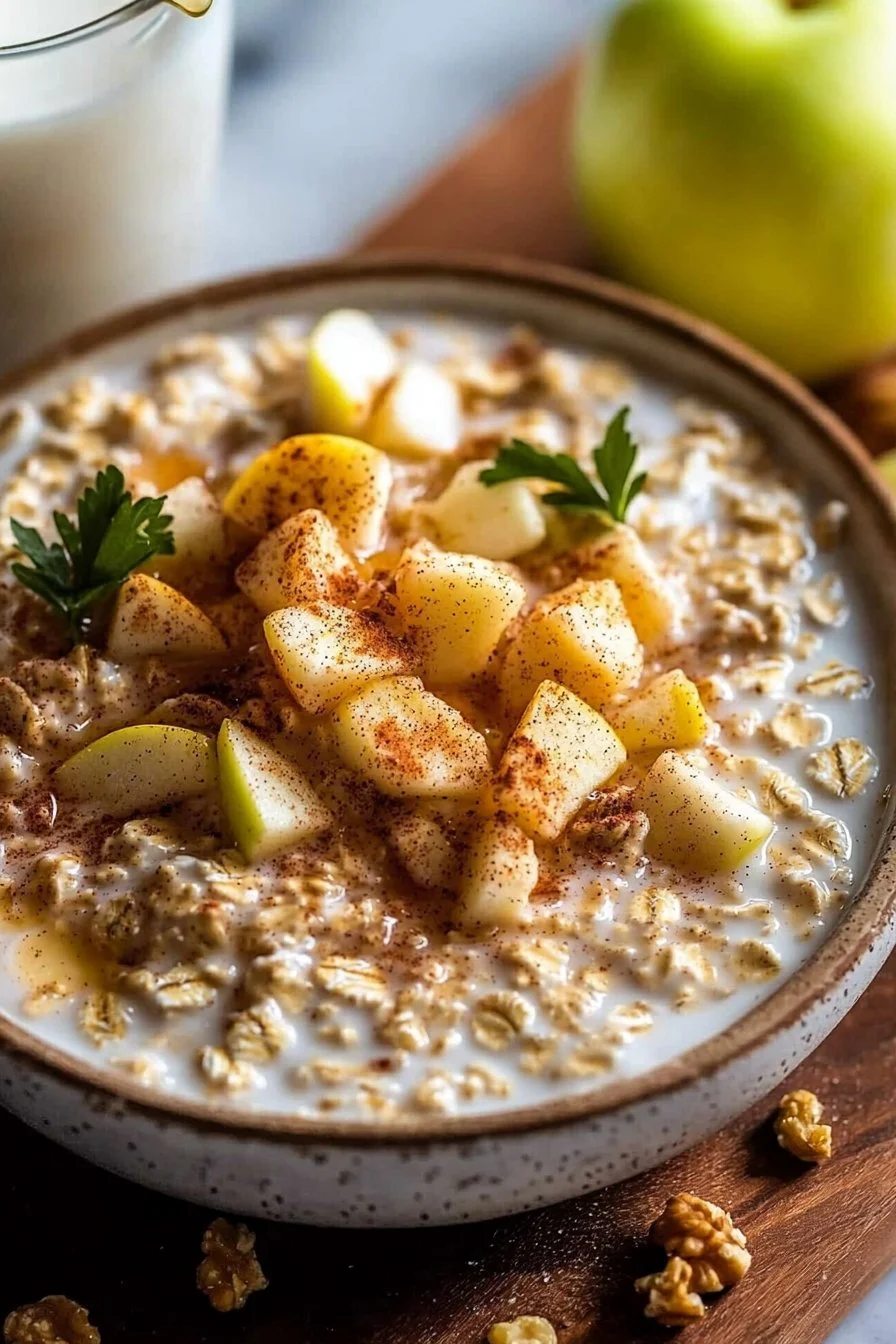 Bowl of Apple Cinnamon Overnight Oats topped with fresh apple slices and cinnamon.