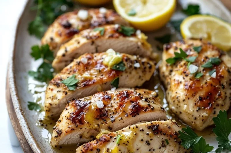 Baked garlic lemon pepper chicken on a plate garnished with herbs