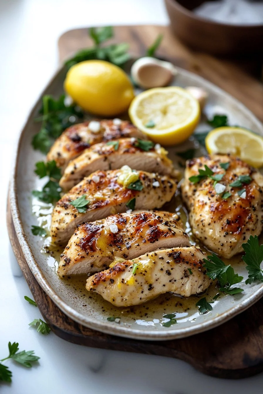 Baked garlic lemon pepper chicken on a plate garnished with herbs