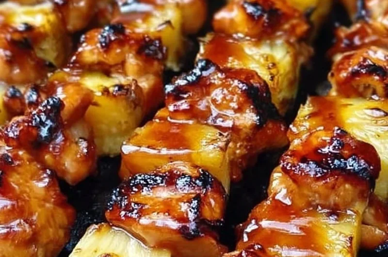BBQ pineapple chicken kabobs skewers on the grill