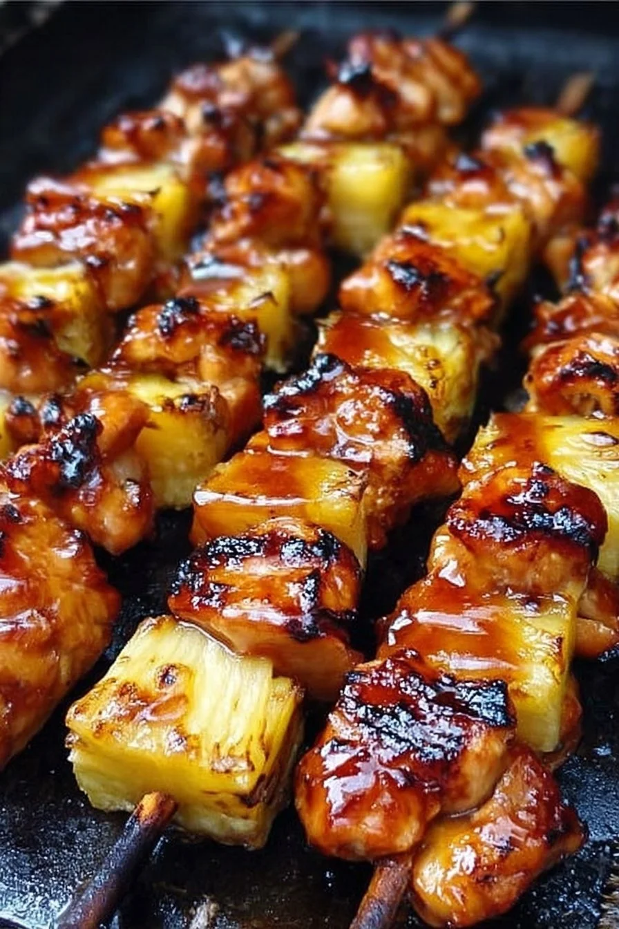 BBQ pineapple chicken kabobs skewers on the grill
