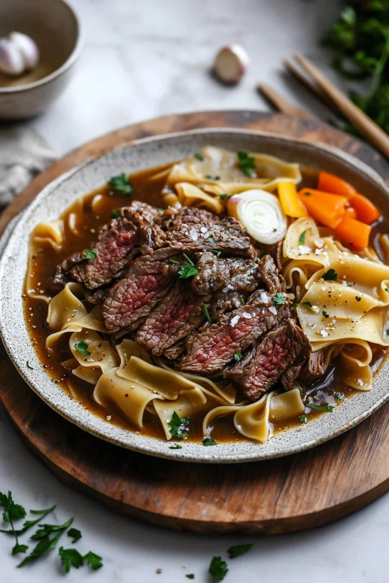 A delicious plate of beef and noodles topped with fresh herbs