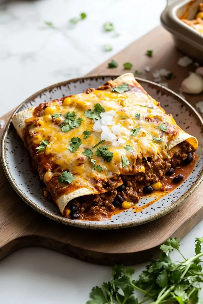 Delicious beef enchilada casserole served on a plate.