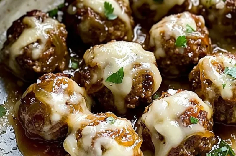 Delicious caramelized onion meatballs served on a platter.