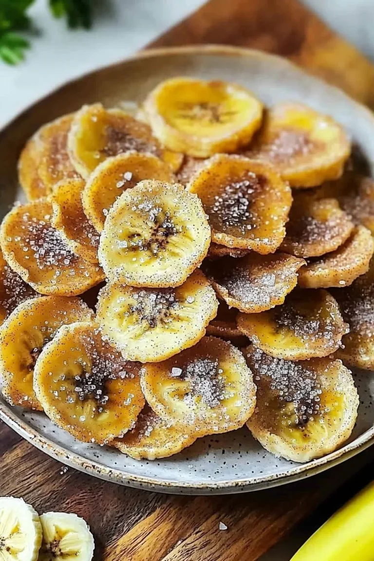 Delicious homemade cinnamon sugar banana chips on a wooden board