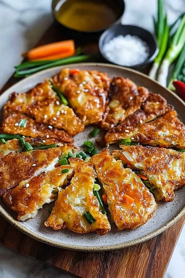 Delicious crispy Korean Pajeon served on a plate with dipping sauce