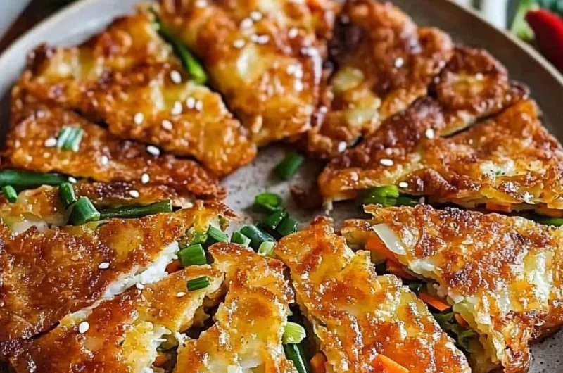 Delicious crispy Korean Pajeon served on a plate with dipping sauce