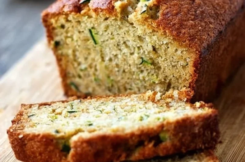 Sliced moist zucchini bread on a wooden cutting board
