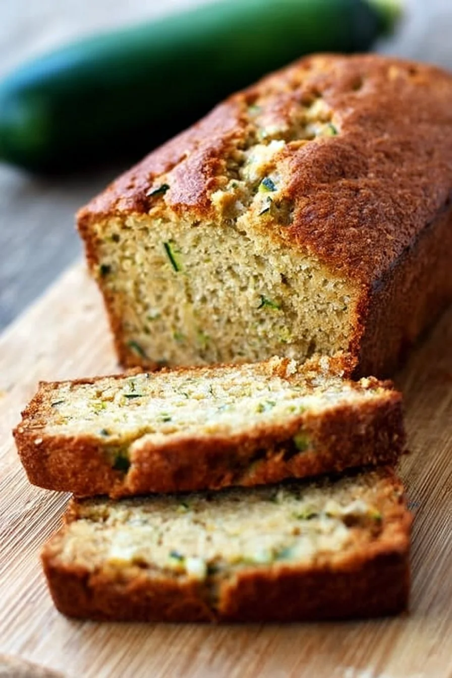 Sliced moist zucchini bread on a wooden cutting board
